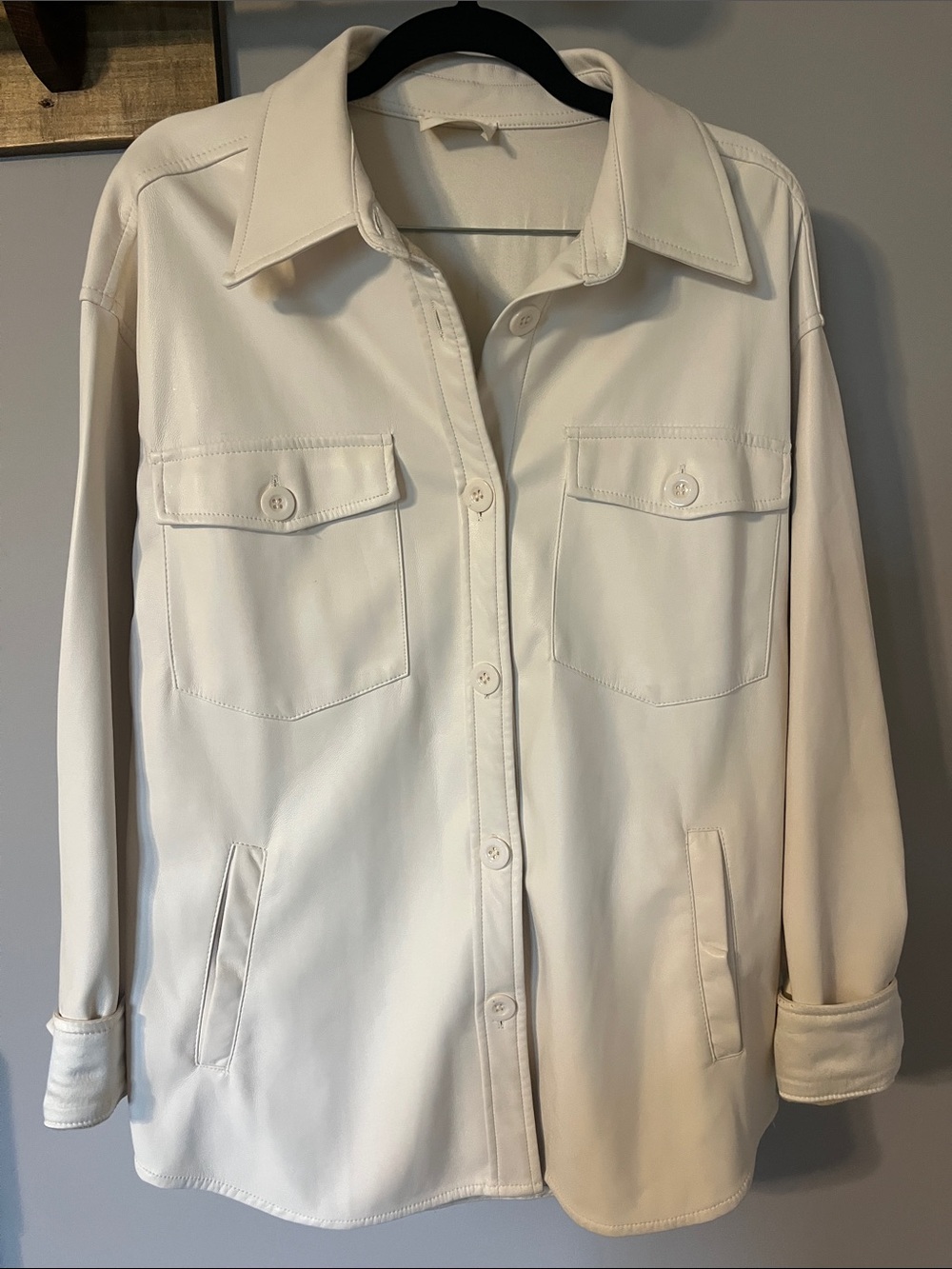 Women's Cream Faux Leather Button Up Jacket